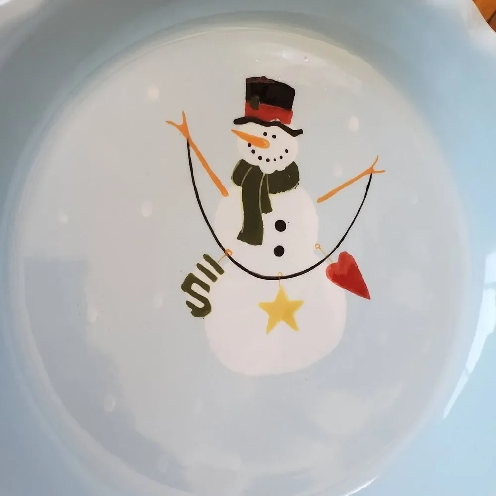 Nantucket Snowman pie plate tray ceramic 10